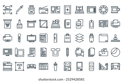 50 linear printing icon pack. vector thin line shopping bag, dropper, ink cartridge, copy hine, cards, print test, d printing icons suitable for apps and websites ui designs.