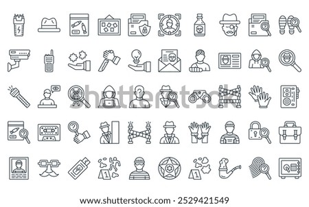 50 linear private detective icon pack. vector thin line wristwatch, detective hat, bullets, pinboard, confidential, target, poison icons suitable for apps and websites ui designs.