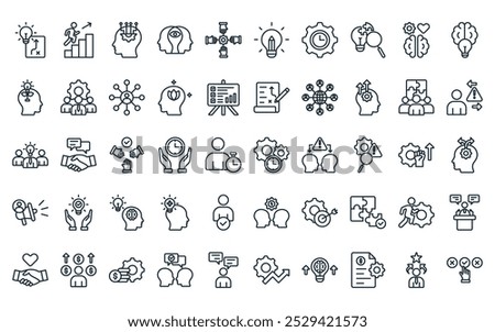 50 linear problem solutions icon pack. vector thin line time optimization, career advancement, critical thinking, self awareness, collaboration, de, time management icons suitable for apps and