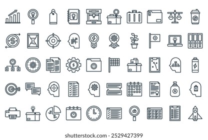 50 linear productive icon pack. vector thin line finish flag, idea, label, idea, d printer, box, briefcase icons suitable for apps and websites ui designs.