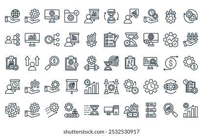 50 linear productivity icon pack. vector thin line in time, habits, automation, folder, report, hourglass, leader icons suitable for apps and websites ui designs.