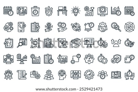 50 linear productivity icon pack. vector thin line product management, statistics, waste of time, improvement, workplace, creative, success icons suitable for apps and websites ui designs.