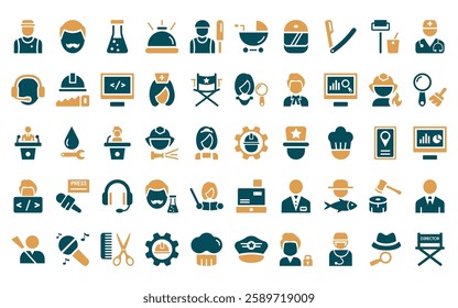 50 linear professions icon pack. vector thin line civil engineer, professor, chemist, concierge, cricket player, baby sitter, racer icons suitable for apps and websites ui designs.