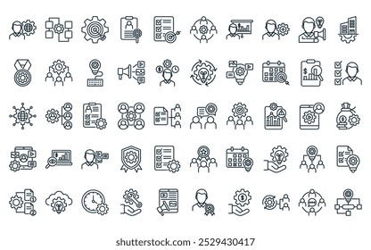 50 paquete de iconos de gestión de proyectos lineales. Vector de conversación de línea delgada, planificación, objetivo, investigación, logro, trabajo en equipo, iconos de capacitación adecuados para App y Sitios web.