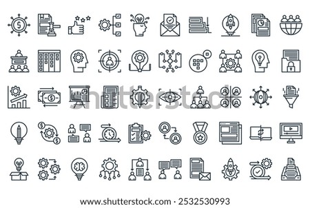 50 linear project planning icon pack. vector thin line vision, legal document, appreciations, production priorities, business idea, email, waterfall icons suitable for apps and websites ui designs.