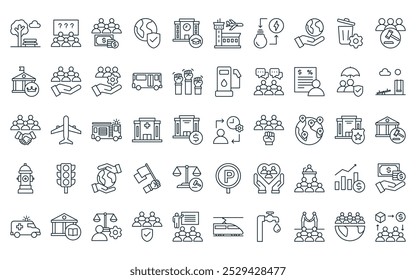 50 linear public service icon pack. vector thin line time management, information, finance, security, school, airport, electrical energy icons suitable for apps and websites ui designs.