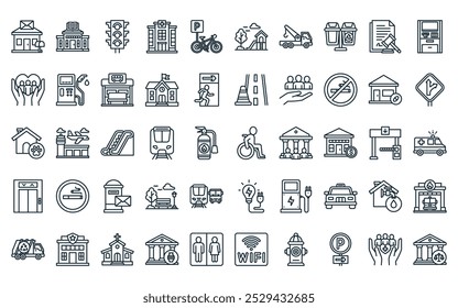 Paquete de iconos de servicios públicos lineales de 50. Vector de línea delgada deshabilitado, Biblioteca, semáforo, hospital, estacionamiento de bicicletas, parque infantil, iconos de grúa adecuados para App y Sitios web.