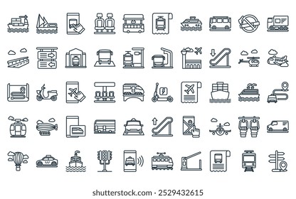 50 linear público transporte ícone pack. vetor linha fina scooter elétrico, veleiro, aplicativo, assentos, parada de ônibus, bilhete, ferry boat ícones adequados para aplicativos e sites projetos de iu.