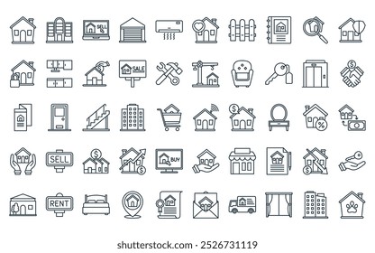 50 linear real estate icon pack. vetor linha fina smart house, shopping, imobiliário, garagem, ar condicionado, favorito, ícones de cerca adequados para aplicativos e sites ui designs.