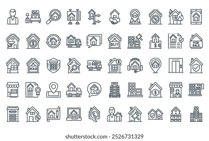 50 lineales paquete de iconos de bienes raíces. Vector de inversión de línea delgada, cama, búsqueda, cartelera, dirección, trato, iconos de marcador de posición adecuados para App y Sitios web.