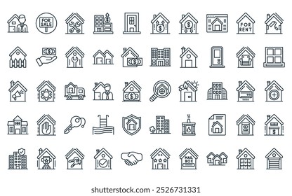 50 lineales paquete de iconos de bienes raíces. Vector de búsqueda de línea delgada, para la venta, mantenimiento, bienes raíces, puerta, Precio hacia arriba, Precio hacia abajo iconos adecuados para App y Sitios web.