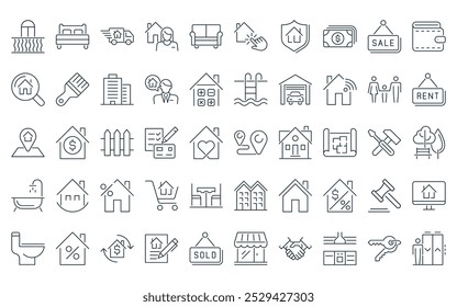 50 linear real estate icon pack. vector thin line route, bedroom, moving home, real estate agency, living room, choice, home insurance icons suitable for apps and websites ui designs.