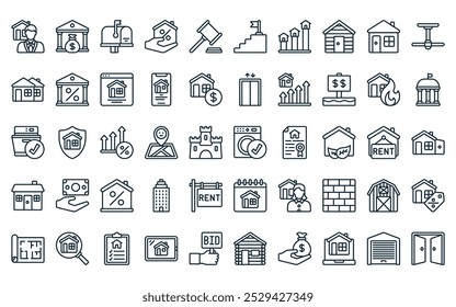 50 lineales paquete de iconos de bienes raíces. Vector de línea delgada lavadora, préstamo, buzón, tasa de interés, juez, hitos, iconos de propiedades adecuados para App y Sitios web.