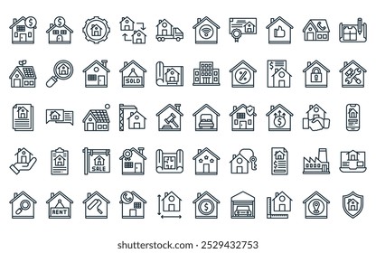 50 linear real estate icon pack. vector thin line accomodation, house price, manager, exchange, relocation, wifi, contract icons suitable for apps and websites ui designs.