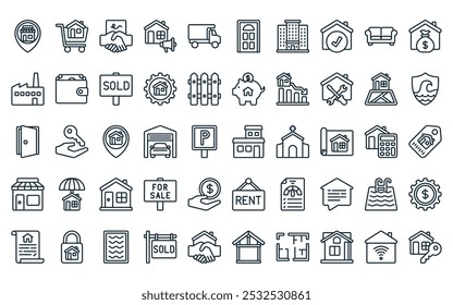 50 linear real estate icon pack. vector thin line house, shopping cart, agreement, promotion, mover truck, door, condo icons suitable for apps and websites ui designs.