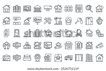 50 linear real estate icon pack. vector thin line smart house, mall, real estate, garage, air conditioner, favorite, fence icons suitable for apps and websites ui designs.