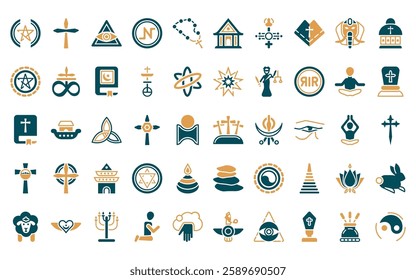 50 linear religion icon pack. vector thin line calvary, catholicism, caodaism, nihilism, bead, wat maha that, shiva icons suitable for apps and websites ui designs.