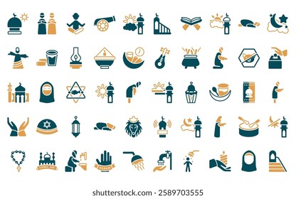50 linear religion icon pack. vector thin line subah prayer, islamic friday prayer, buddhist monk, eyd gun, ramadan sunrise, islamic minbar, quran rehal icons suitable for apps and websites ui