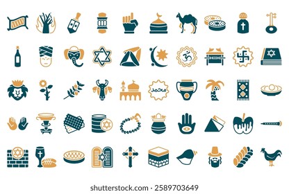 50 linear religion icon pack. vector thin line muhammad word, burning bush, dreidel, islamic lantern, one god, mosque domes, dromedary icons suitable for apps and websites ui designs.