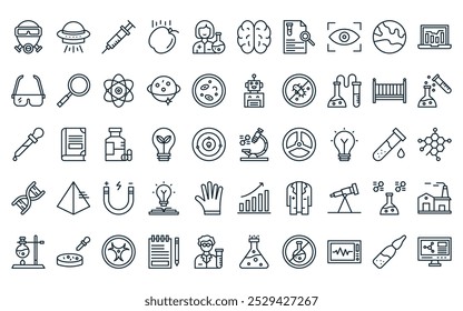 50 investigación lineal y paquete de iconos de ciencia. microscopio de línea delgada de Vector, OVNI, jeringuilla, caída, química, cerebro, iconos de papel de investigación adecuados para App y Sitios web.