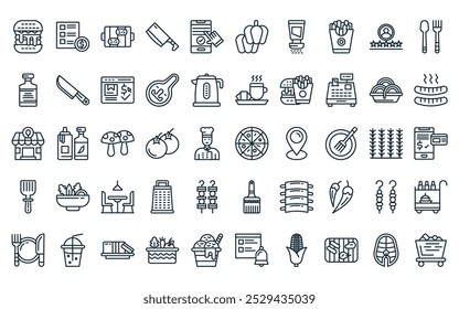 50 linear restaurant icon pack. vector thin line pizza, price list, yakiniku, cleaver, booking, paprika, salt icons suitable for apps and websites ui designs.