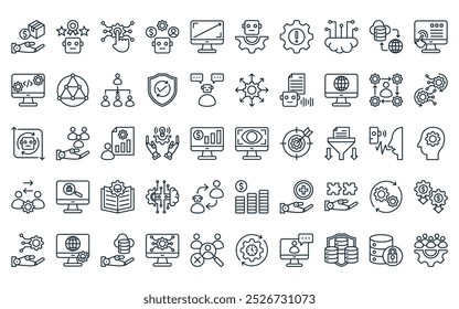 50 linear robotic process automation icon pack. vector thin line vision, reputation, digital transformation, implementation, resolution, robotic, risk management icons suitable for apps and websites