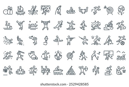 50 linear s icon pack. vector thin line shooting, sailing, canoe, ice hockey, jumping, canoe, tug of war icons suitable for apps and websites ui designs.