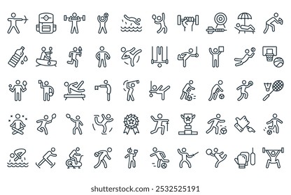 50 linear s icon pack. vector thin line javelin throw, backpack, weightlifting, handball, diving, badminton, barbell icons suitable for apps and websites ui designs.