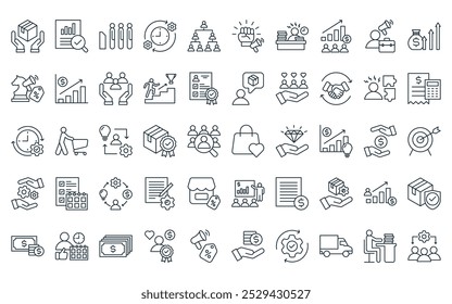 50 linear sales management icon pack. vector thin line favorite, analysis, queue, process, organization structure, motivation, workload icons suitable for apps and websites ui designs.