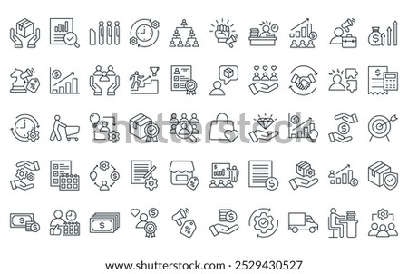 50 linear sales management icon pack. vector thin line favorite, analysis, queue, process, organization structure, motivation, workload icons suitable for apps and websites ui designs.
