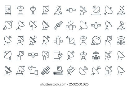 50 linear satelite icon pack. vector thin line satellite dish, satellite dish, satellite dish, icons suitable for apps and websites ui designs.