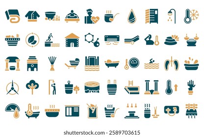 50 linear sauna icon pack. vector thin line hamam, loyly, foot bath, 2steam bath, cardiovascular system, banja, arterioles icons suitable for apps and websites ui designs.