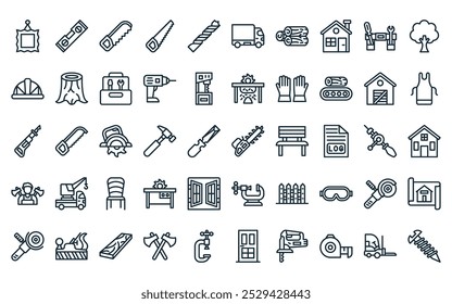 50 linear sawmill icon pack. vector thin line chainsaw, spirit level, bow saw, hand saw, drill bit, delivery truck, wood icons suitable for apps and websites ui designs.