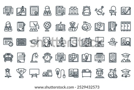 50 linear school and education icon pack. vector thin line clipboard, science, certificate, male student, ebook, test tube, backpack icons suitable for apps and websites ui designs.