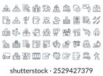 50 linear school icon pack. vector thin line art, reading, project, study group, classroom, teacher speech, campus icons suitable for apps and websites ui designs.