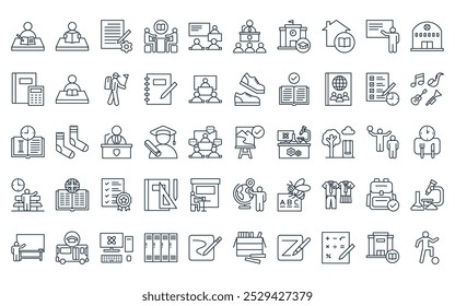 50 linear school icon pack. vector thin line art, reading, project, study group, classroom, teacher speech, campus icons suitable for apps and websites ui designs.