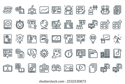 50 linear school icon pack. vector thin line diploma, microscope, high school, whiteboard, online listening, astronaut, exam icons suitable for apps and websites ui designs.