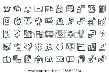 50 linear school icon pack. vector thin line diploma, microscope, high school, whiteboard, online listening, astronaut, exam icons suitable for apps and websites ui designs.