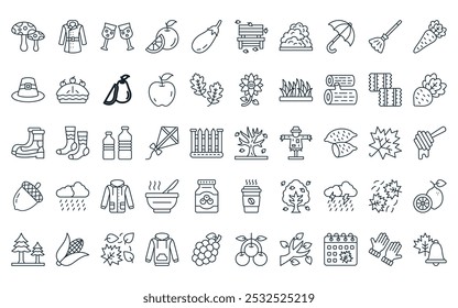 50 paquete de iconos de temporada lineal. Vector de línea delgada árbol seco, capa larga, vidrio, naranja, berenjena, banco, iconos de arbusto adecuados para App y Sitios web.