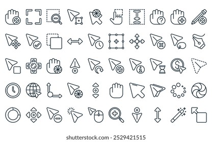 50 linear selection and cursors icon pack. vector thin line blocked, enlarge, corner, selection, loading, selection, type icons suitable for apps and websites ui designs.