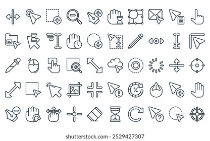 50 paquete de iconos de selección lineal y cursores Vector de la nube de línea delgada, Hacer clic, seleccionar, zoom, ruta, carga, seleccionar iconos adecuados para App y Sitios web.