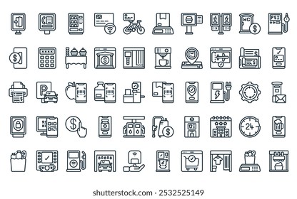 50 linear self service ícone pack. vetor linha fina scanner, caixa de telefone, máquina de venda automática, sem contato, bicicleta, produto, fast food ícones adequados para aplicativos e sites projetos de iu.