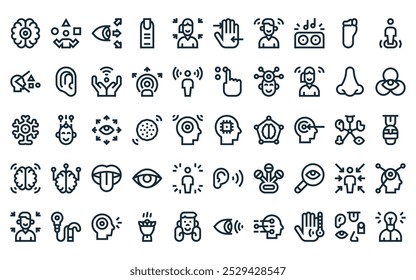 50 linear sensorial icon pack. vector thin line chip, sensory, sight, finger, senses, touch, sensitivity icons suitable for apps and websites ui designs.