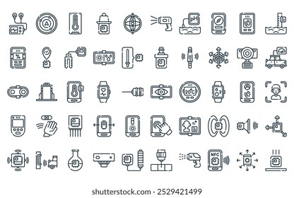 50 linear sensorization of things icon pack. vector thin line retina scanner, radar, thermometer, weight, gyroscope, barcode scanner, ph meter icons suitable for apps and websites ui designs.