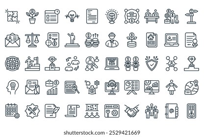 50 linear seo and marketing icon pack. vector thin line online presence, career, schedule, innovation, document, business, work icons suitable for apps and websites ui designs.