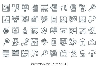 50 paquetes de iconos SEO y SEM lineales. Vector de Cartera de línea delgada, sensible, tráfico, lista de tareas, mapa del sitio, optimización, iconos de marketing adecuados para App y Sitios web.