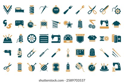 50 linear sew icon pack. vector thin line buttonhole, measuring, thread, needles, embroidery hoop, seam, ripper icons suitable for apps and websites ui designs.