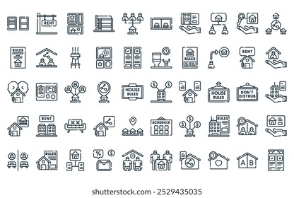 50 linear shared housing icon pack. vector thin line collect, rent, mood board, bunk bed, shared housing, garage, house icons suitable for apps and websites ui designs.