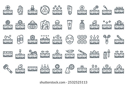 50 paquete de iconos de piel lineal Vector máscara facial de línea delgada, erupción cutánea, microneedling, regeneración de la piel, tratamiento, callos, iconos de ADN adecuados para App y Sitios web.