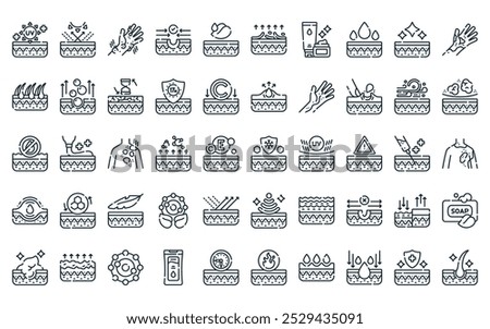 50 linear skin icon pack. vector thin line cold, uv, allergy, skin, leaf, dead skin, skincare icons suitable for apps and websites ui designs.